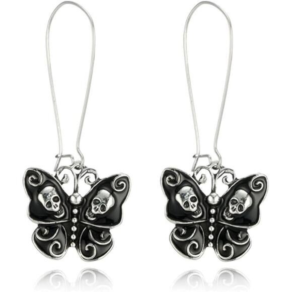Unique Black Butterfly Skull Dangle Hook Drop Earrings - Picture 8 of 8